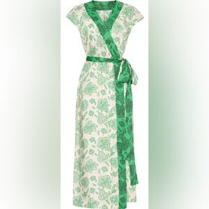 Saunders Floral Green & Pale Pink Silky Wrap Midi Dress Size 8